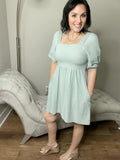 S M XXL XXXL Dusty Mint Puffy Sleeve Lace Trimmed Square Neck Dress