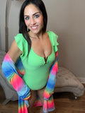 S-XL Neon Green Flutter Sleeve Swimsuit
