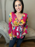 S M L XL Floral Long Sleeve Surplice Top