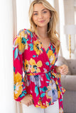S M L XL Floral Long Sleeve Surplice Top