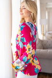 S M L XL Floral Long Sleeve Surplice Top