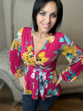S M L XL Floral Long Sleeve Surplice Top