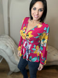 S M L XL Floral Long Sleeve Surplice Top