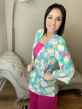 S-3X Mint Floral Quarter Sleeve Open Cardigan