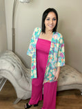S-3X Mint Floral Quarter Sleeve Open Cardigan