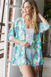 S-3X Mint Floral Quarter Sleeve Open Cardigan