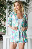 S-3X Mint Floral Quarter Sleeve Open Cardigan