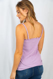 S L XL Lavender Ruffle Ribbed Spaghetti Tank Top