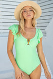 S-XL Neon Green Flutter Sleeve Swimsuit