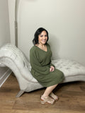 S XL XXL XXXL Dolman Balloon Sleeve Olive V-Neck Dress