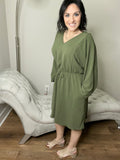 S XL XXL XXXL Dolman Balloon Sleeve Olive V-Neck Dress