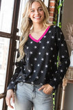 XXL  Seeing Stars V-Neck Distressed Star Long Sleeve with Pink POP