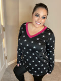XXL  Seeing Stars V-Neck Distressed Star Long Sleeve with Pink POP