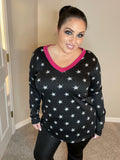 XXL  Seeing Stars V-Neck Distressed Star Long Sleeve with Pink POP