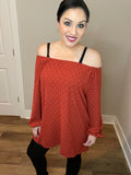 S-3X Balloon Sleeve Rust Swiss Dot On Or Off Shoulder Blouse