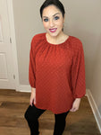 S-3X Balloon Sleeve Rust Swiss Dot On Or Off Shoulder Blouse