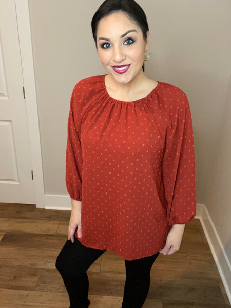 S-3X Balloon Sleeve Rust Swiss Dot On Or Off Shoulder Blouse