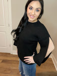 S-XL Black Ribbed Balloon Slit Sleeve Sweater