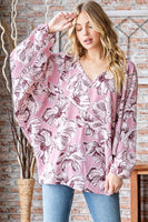 S XXL XXXL Floral Dolman Puff Sleeve V-Neck