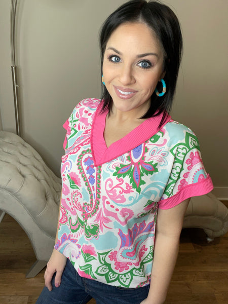 Dolman Pink & Green Paisley Top