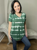 Dark Green Tie Dye Striped V-Neck Top