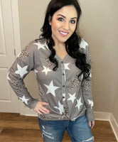 Star Leopard Design Waffles Knit Button Down Long Sleeve Top