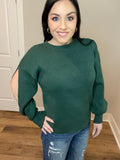 S-XL Emerald Ribbed Balloon Slit Sleeve Sweater