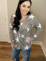 Star Leopard Design Waffles Knit Button Down Long Sleeve Top