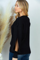 S-XL Black Ribbed Balloon Slit Sleeve Sweater