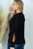 S-XL Black Ribbed Balloon Slit Sleeve Sweater