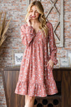 S L XXXL Mauve Floral Balloon Sleeve Ruffle Dress