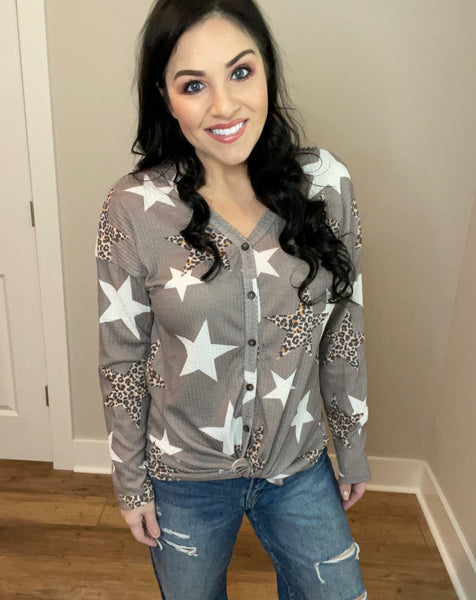 Star Leopard Design Waffles Knit Button Down Long Sleeve Top