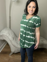 Dark Green Tie Dye Striped V-Neck Top