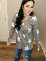 Star Leopard Design Waffles Knit Button Down Long Sleeve Top