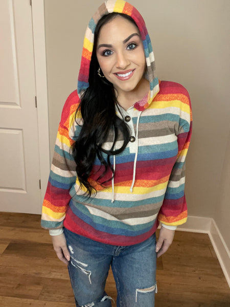 S-3X Rainbow Colored Striped Balloon Sleeve Hoodie