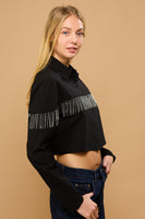 S-L Rhinestone Fringe Trim Cropped Button Down