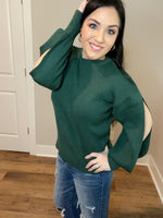 S-XL Emerald Ribbed Balloon Slit Sleeve Sweater