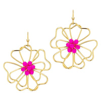 Open Flower Gold Earrings With Crystal Accent - 3 Color
