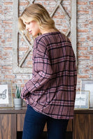 S-3X Mauve Plaid Long Sleeve Faux Button Top