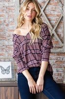 S-3X Mauve Plaid Long Sleeve Faux Button Top