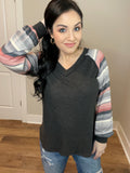 XL XXXL Long Sleeve Charcoal Striped Balloon Sleeves Top