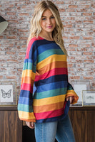 M-3X Paint Of Colors Puff Striped Sleeve Top