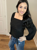 S XL Double Tied Balloon Sleeved Black Beauty Top