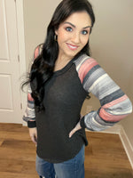 XL XXXL Long Sleeve Charcoal Striped Balloon Sleeves Top