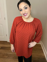 S-3X Balloon Sleeve Rust Swiss Dot On Or Off Shoulder Blouse