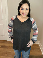 XL XXXL Long Sleeve Charcoal Striped Balloon Sleeves Top