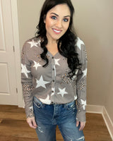 Star Leopard Design Waffles Knit Button Down Long Sleeve Top