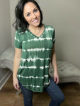 Dark Green Tie Dye Striped V-Neck Top