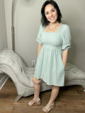 Dusty Mint Puffy Sleeve Lace Trimmed Square Neck Dress