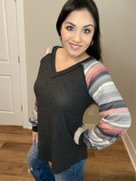 XL XXXL Long Sleeve Charcoal Striped Balloon Sleeves Top